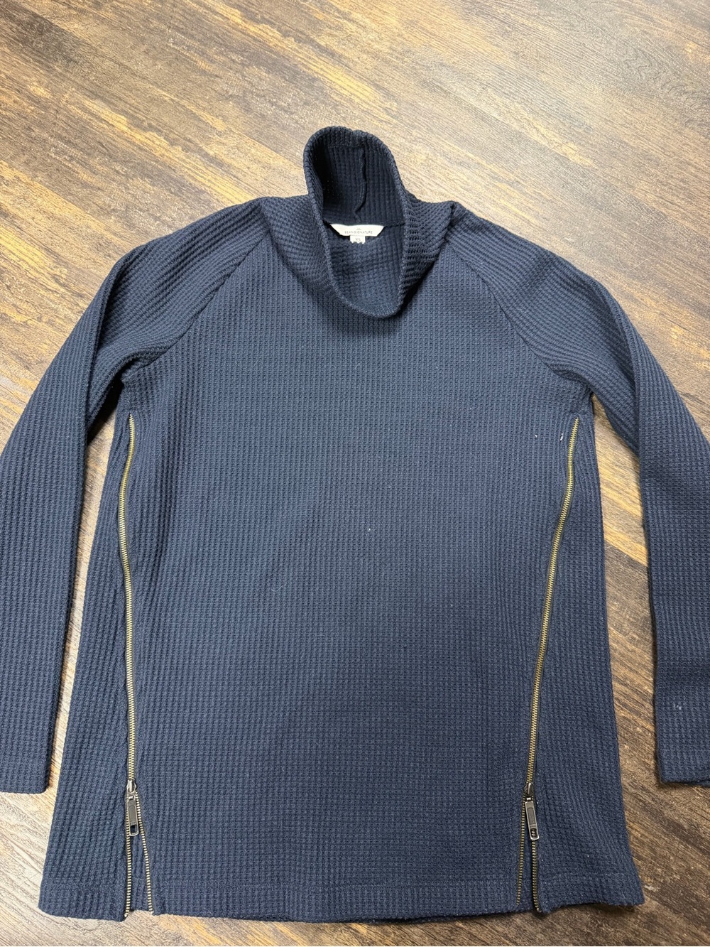 L.L. Bean Navy Waffle-Knit Turtleneck Sweater with Side Zips